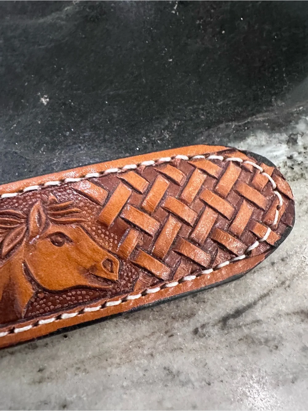 Tooled Brown Belt with Engraved Silver Buckle